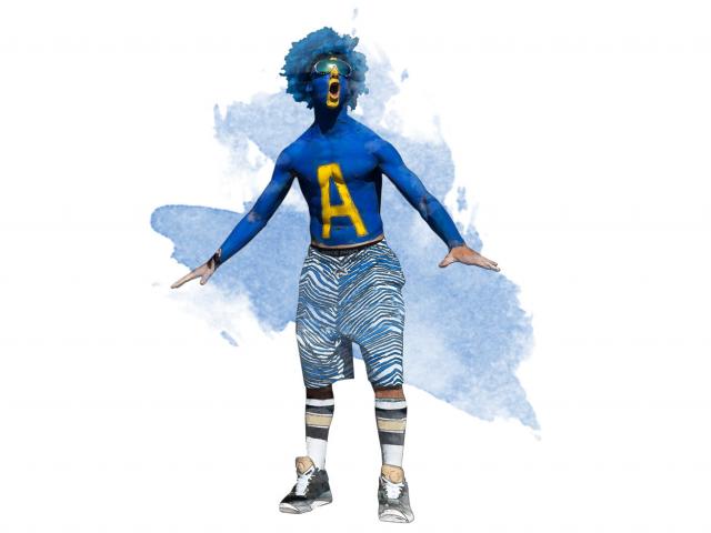 A 澳门六合彩开奖结果走势图 fan sports blue body paint and a blue wig to support the Aggies