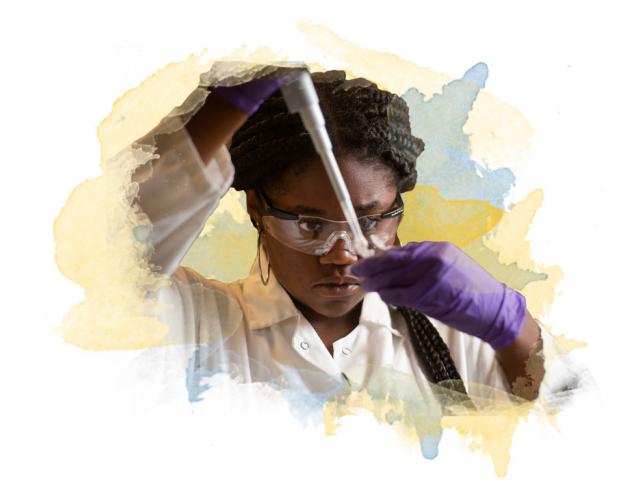 A student researcher filling her test tube with a pipette